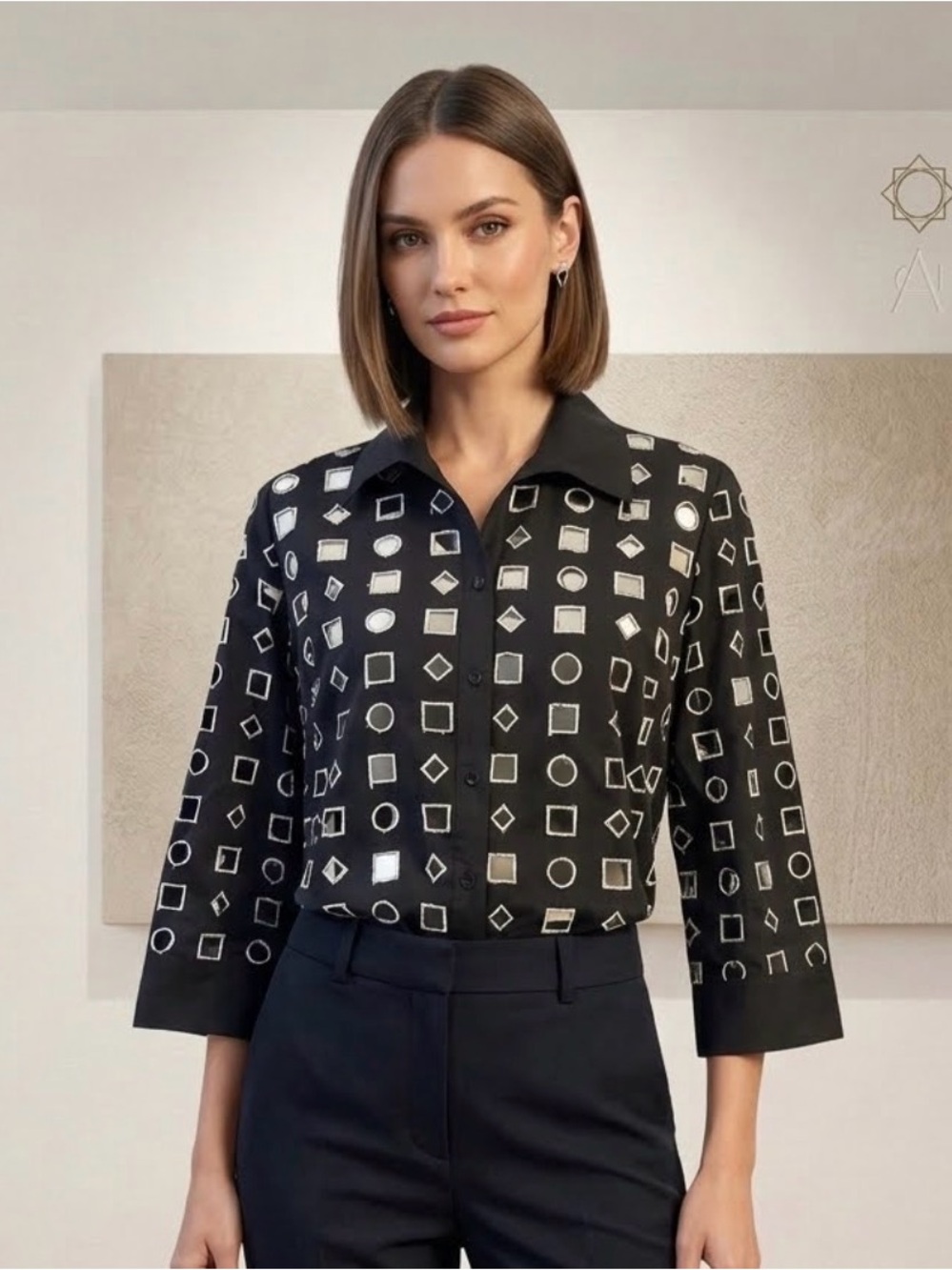 Karen Arnold Black Collared Cutout Button-down 3/4 Sleeve Shirt Medium